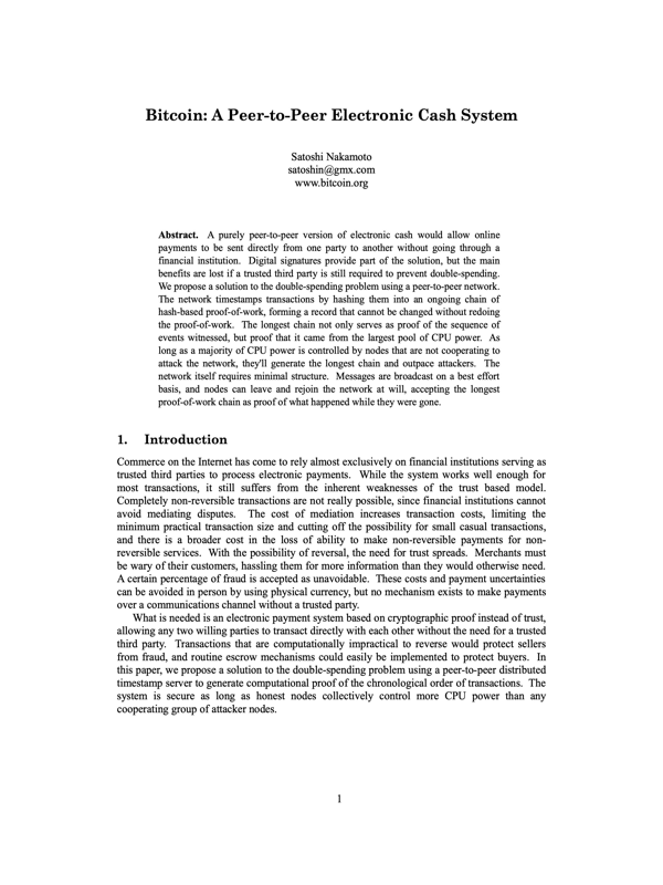 First page of Bitcoin paper